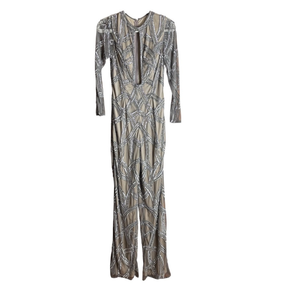 Ashley Lauren 1450 Sequin Jumpsuit Women’s Size 6 Silver & Beige Cut Out NWT - Picture 4 of 8